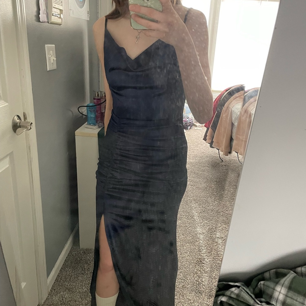 Navy blue prom or formal dress with slit and rushing